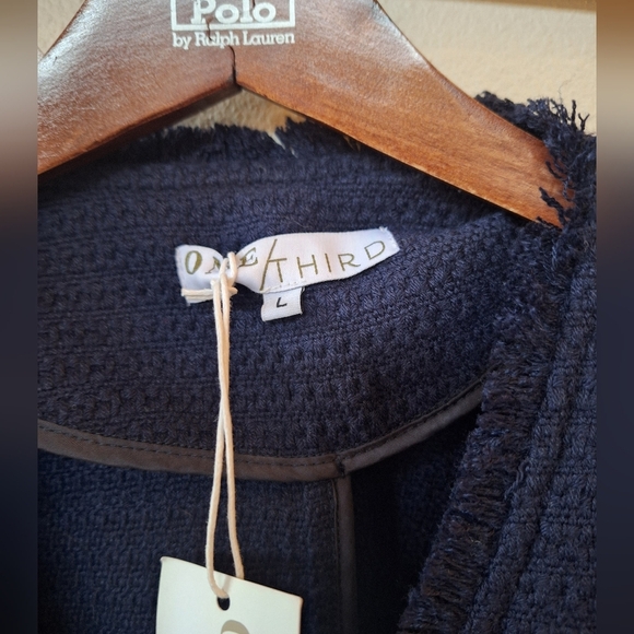 NWT One Third Navy Tweed Fringe Zip/Snap Collarless Jacket Womens size L - Picture 2 of 9